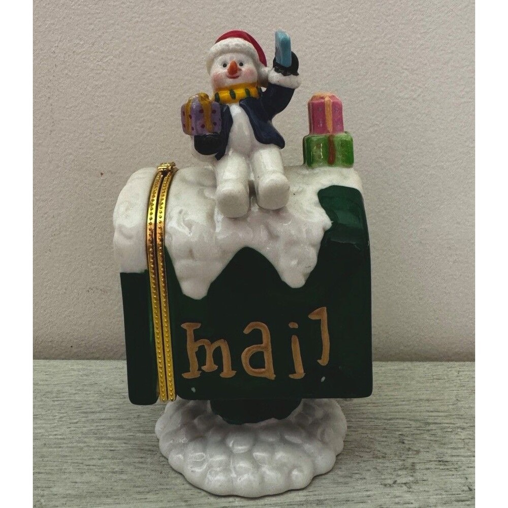 Large Ceramic SNOWMAN ON MAILBOX Hinged Trinket Box 6x3x3 GUC
